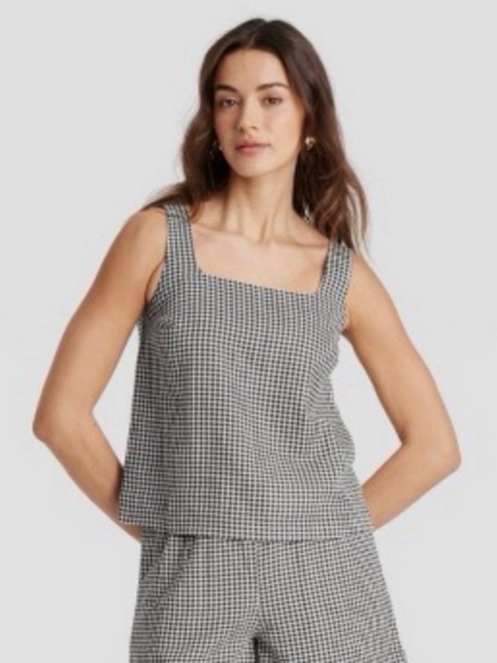 A New Day black white gingham plaid linen blend tank top shell M